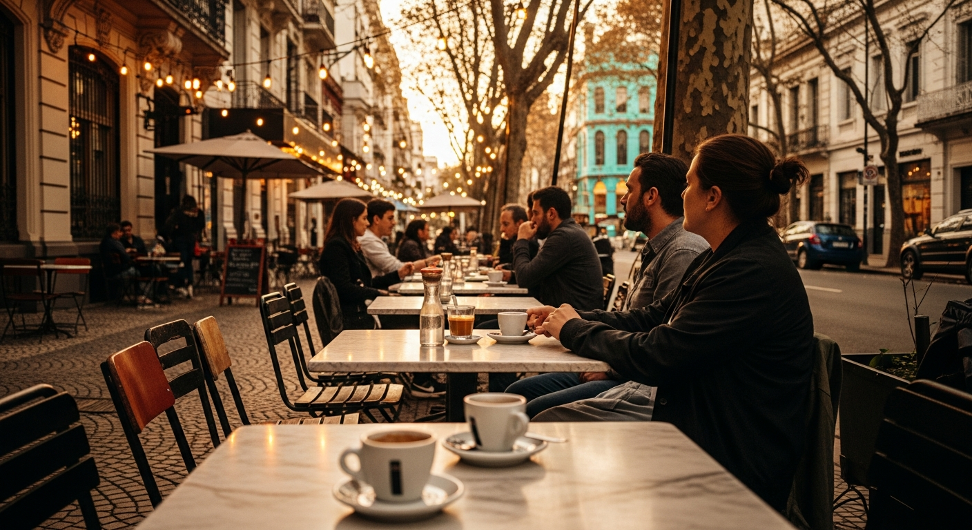 Cafe table in Buenos Aires with notebooks and coffee